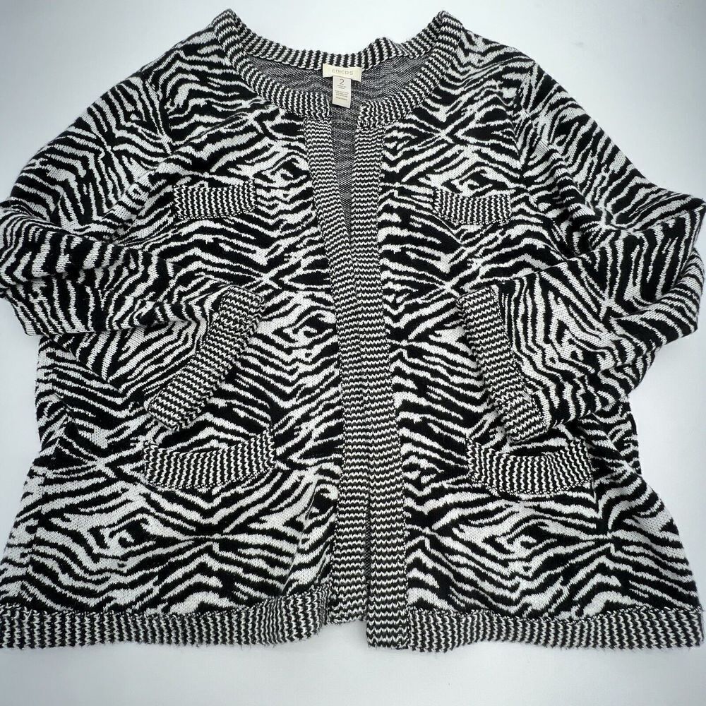 Chicos Cardigan Sweater Womens 2/M Black White Zebra Print Knit Stretch